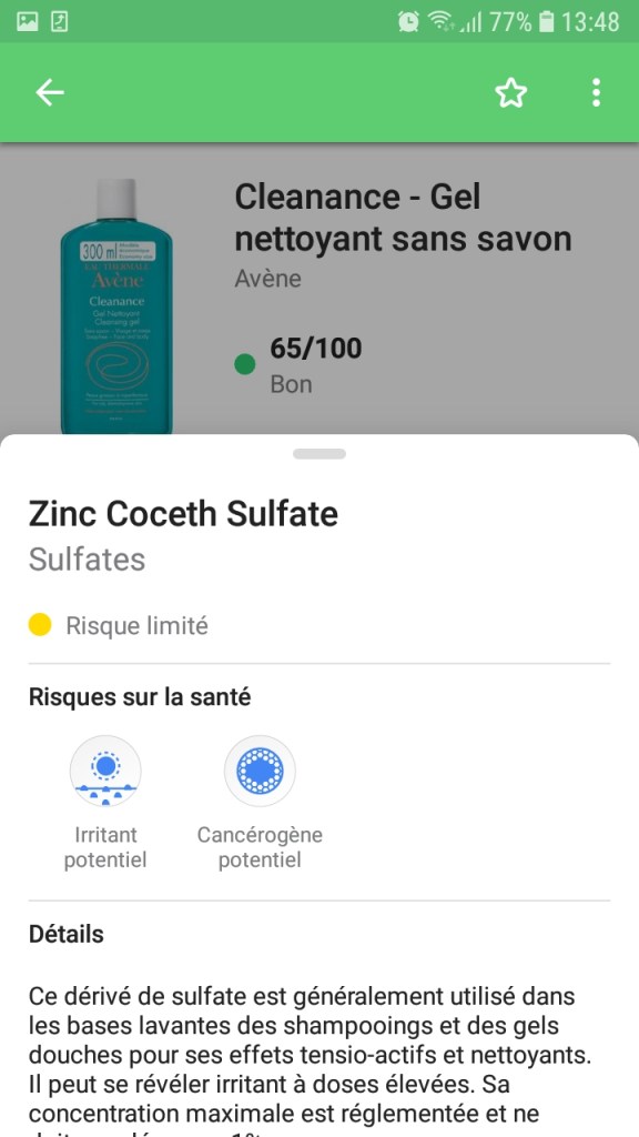 détail yuka composition cosmétique